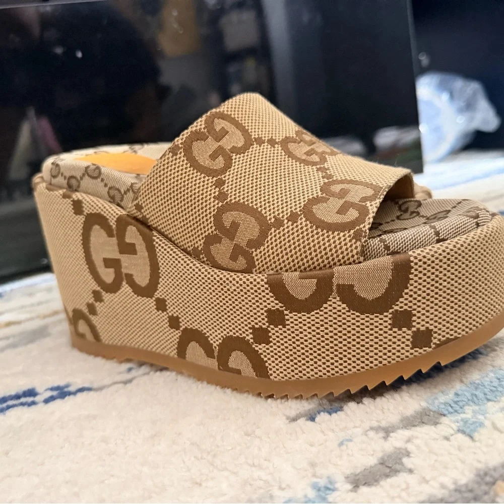 Gucci Beige Brown GG Canvas Platform Slide Sandals